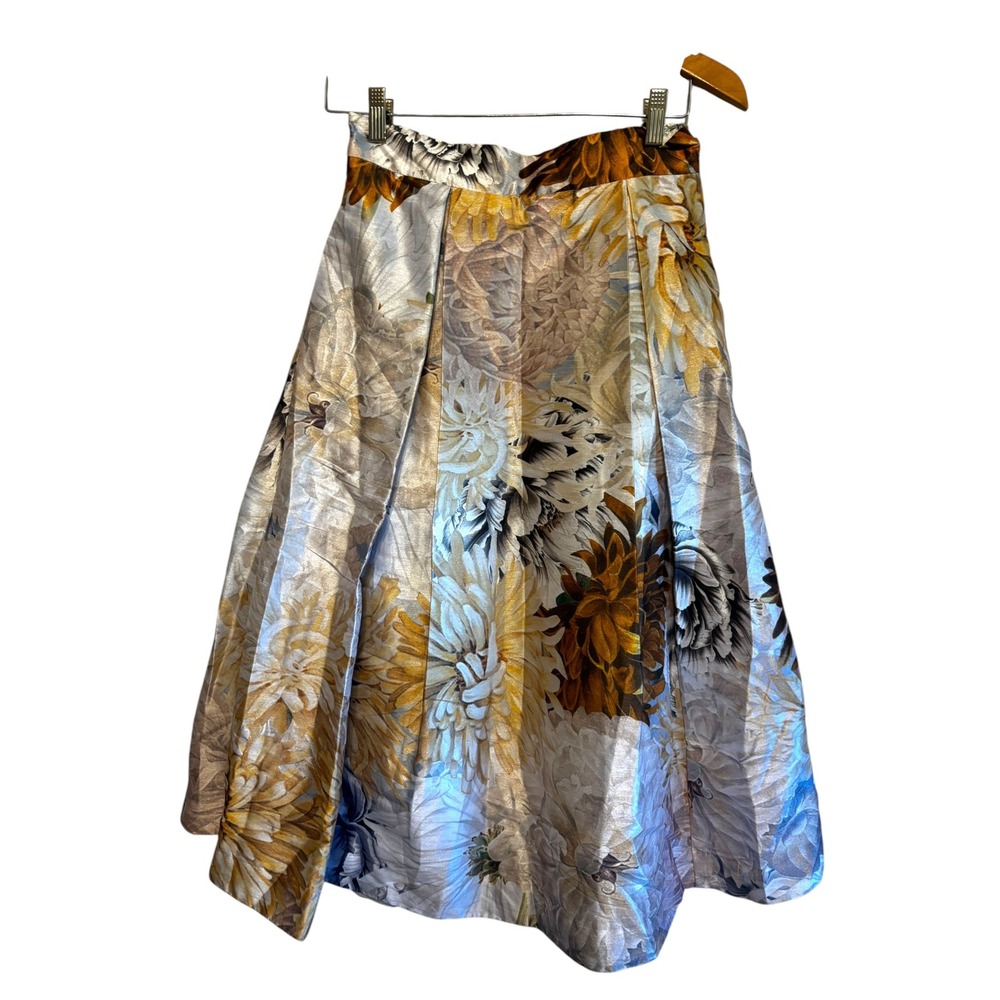 Wayward Fancies eShakti Floral Pleated Midi Skirt Gold Metallic Pockets T35472